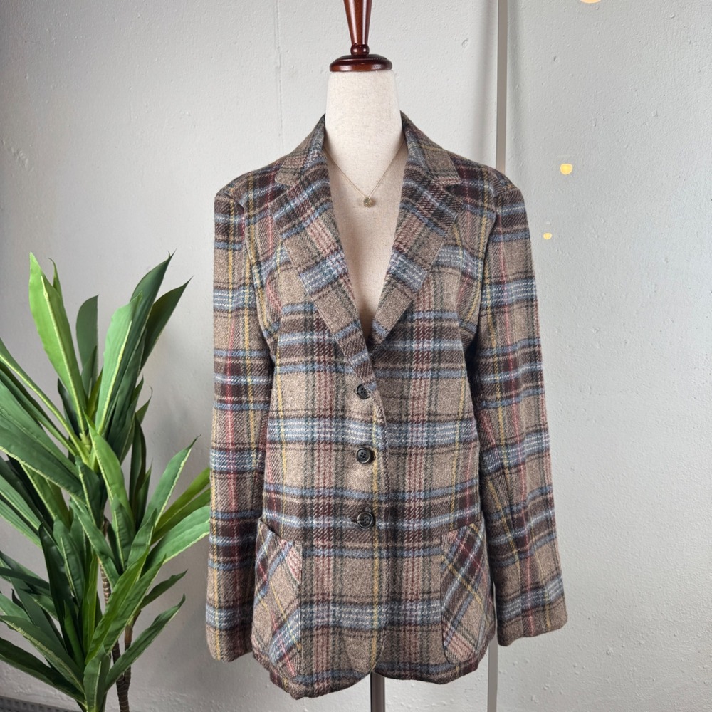 Dark Academia Preppy Heritage Vintage Wool Blend Plaid Blazer Women Size 16